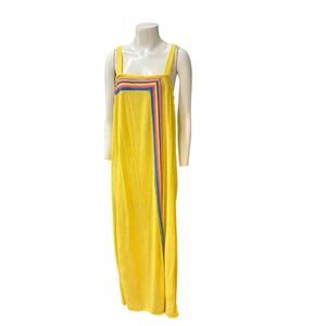 Vintage 70s Yellow Rainbow Terry Cloth Maxi Dress / Women’s M/L -